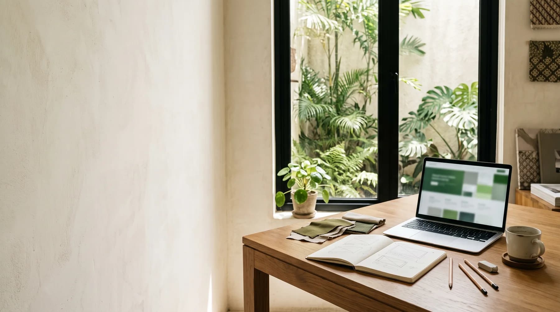Meja kerja dengan laptop dan sketsa rancangan website.