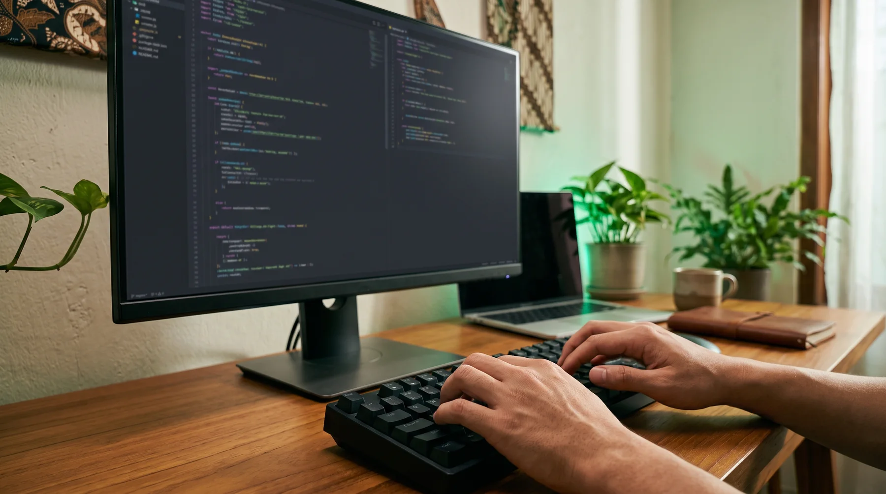 Pengembang mengetik kode di keyboard dengan monitor di hadapannya.